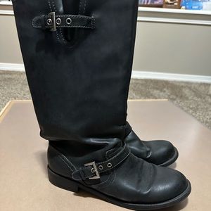 Women’s black slip on calf boots with buckles and 3/4 inch heel